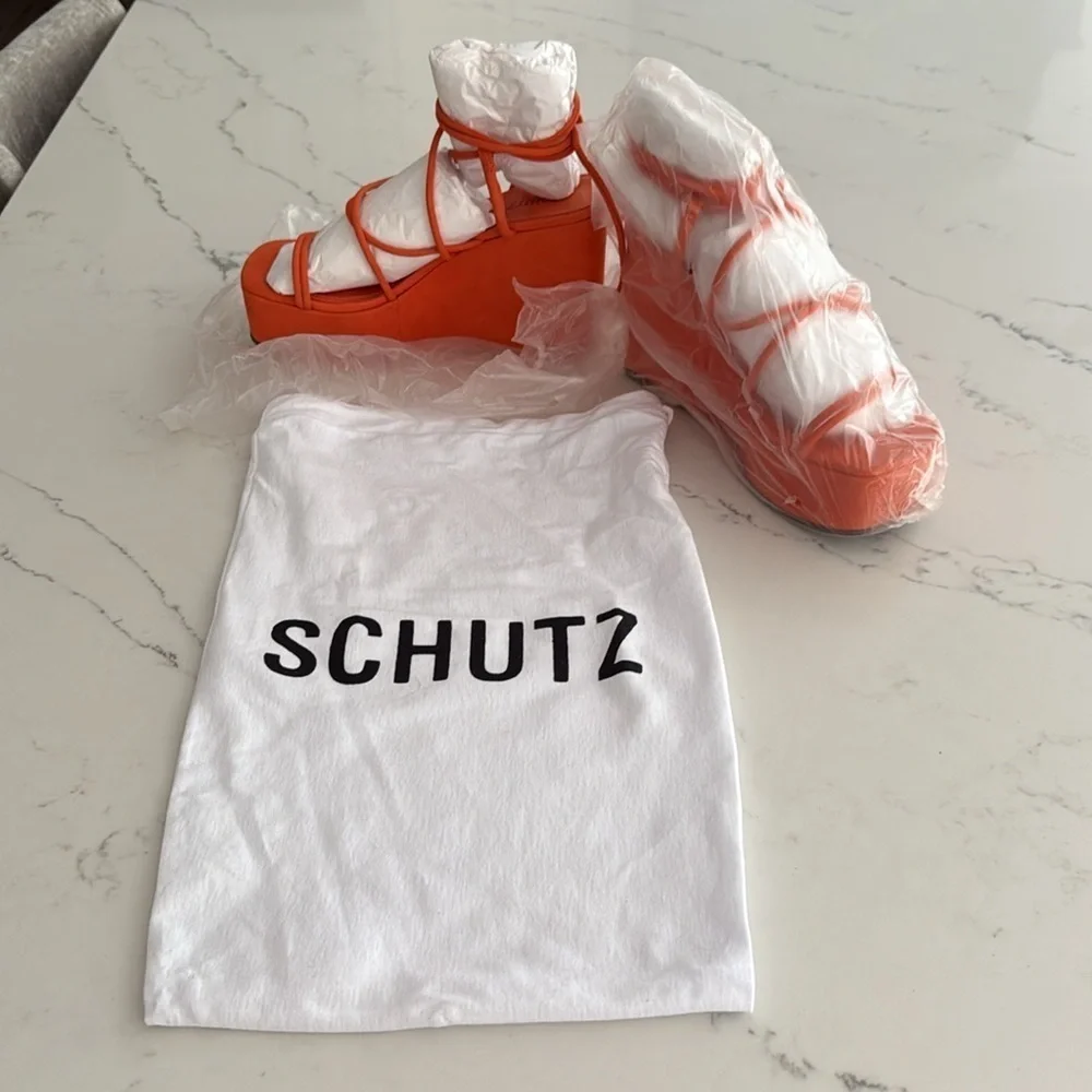 Schutz Magdalena Orange Strappy Wedge Sandals (new) size 8.5